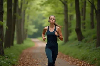 Jeune femme courant en forêt avec écouteurs sans fil