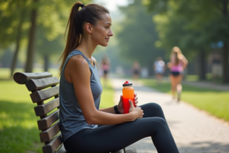 Jeune femme en course dans un parc urbain avec boisson sportive