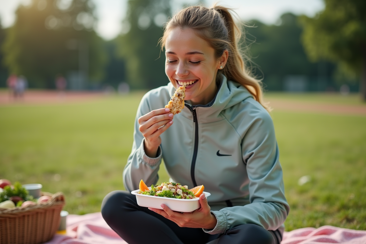 Femme coureuse dégustant une salade en plein air