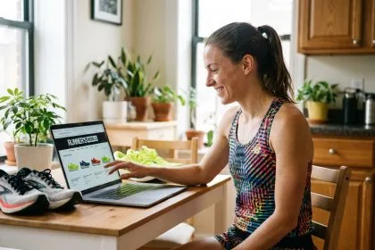 Femme souriante en tenue de sport compare des chaussures de course