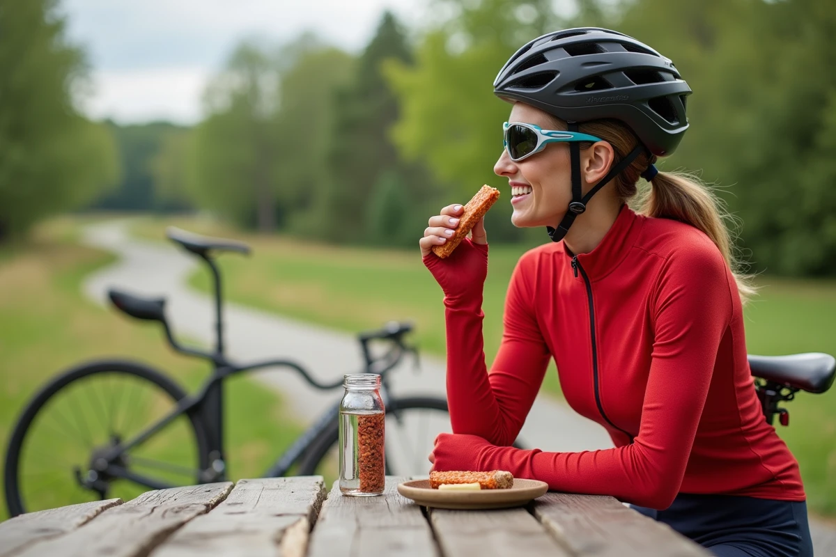 Femme cycliste prenant une pause en plein air avec une barre énergétique