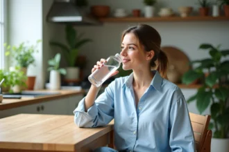 Femme buvant de l'eau dans une ambiance naturelle et chaleureuse
