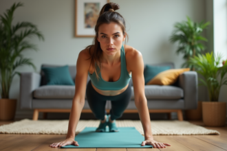 Femme en position de planche dans un salon moderne