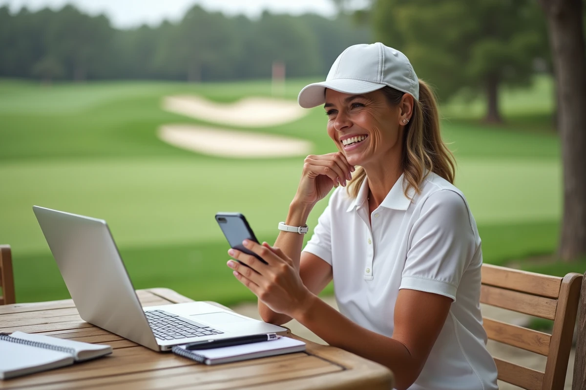 Femme d'âge moyen en tenue golf souriante avec smartphone
