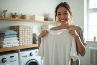 Femme tenant un t-shirt propre et frais dans une buanderie lumineuse