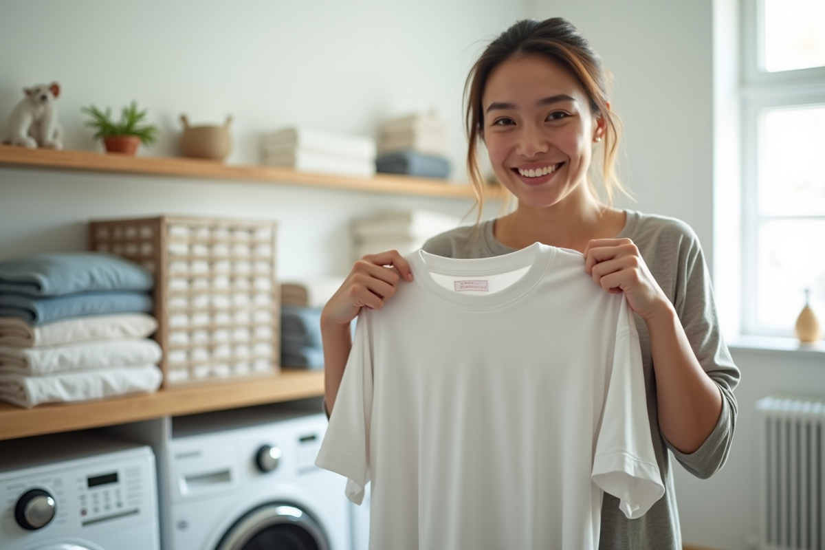 Femme tenant un t-shirt propre et frais dans une buanderie lumineuse
