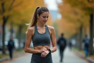 Femme sportive consultant sa montre connectée pour convertir ses pas en kilomètres et calories brûlées lors d'une marche urbaine