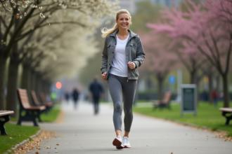 Femme en marche dans un parc urbain au printemps