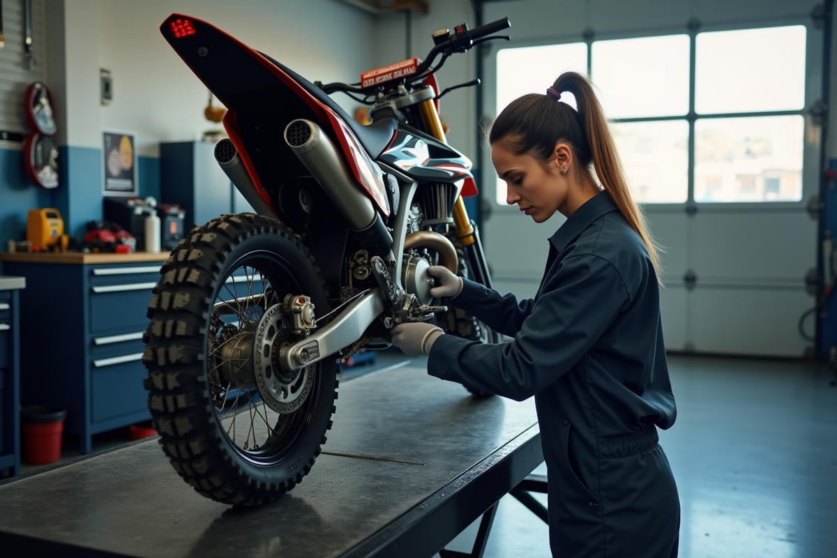 Femme mécanicienne vérifiant une moto 125cc dans un garage moderne