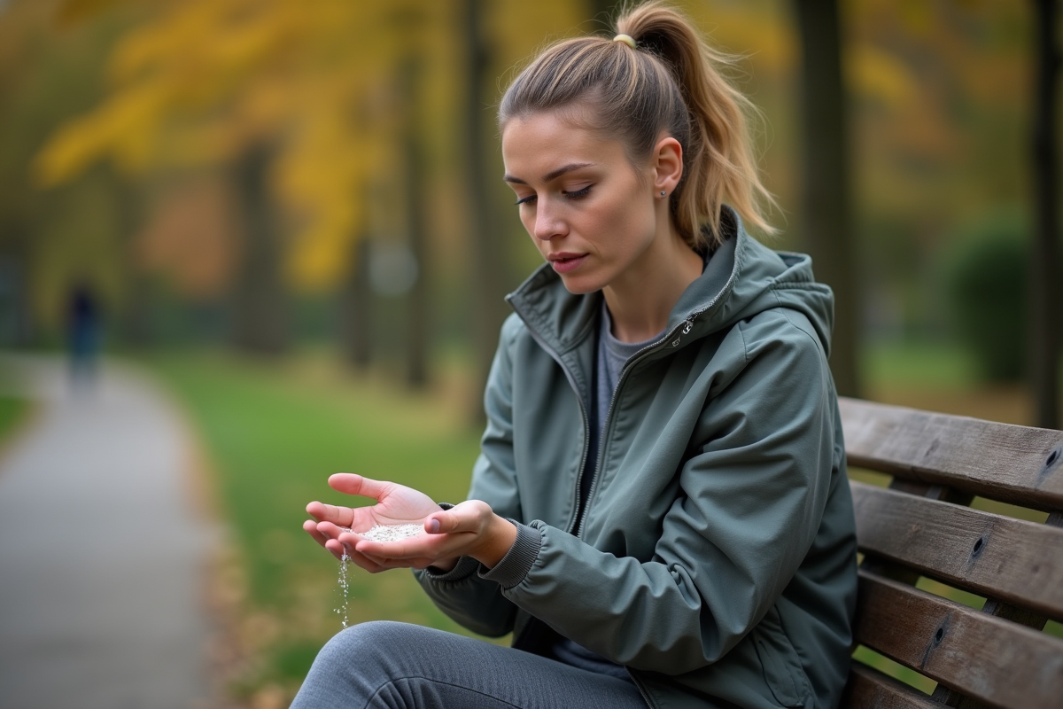 Femme en plein air versant poudre de supplement taurine