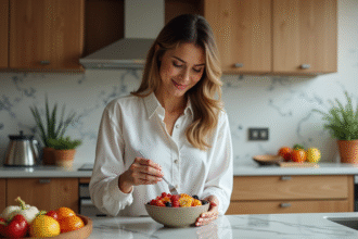 Femme en cuisine préparant un bol de fruits et d'avoine