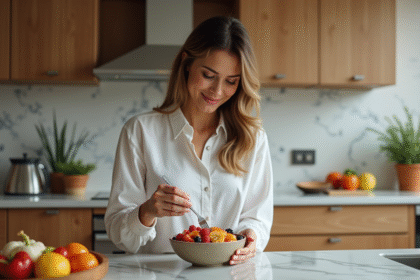 Femme en cuisine préparant un bol de fruits et d'avoine