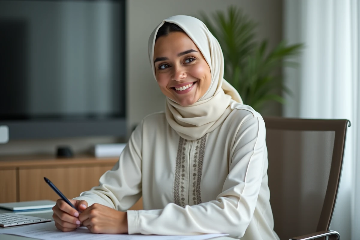 Femme qatarie lisant documents au bureau