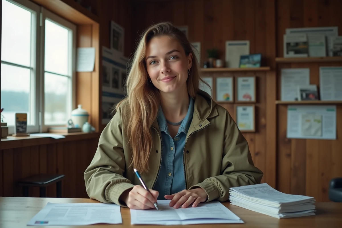 Jeune femme remplissant un formulaire de permis de pêche en intérieur