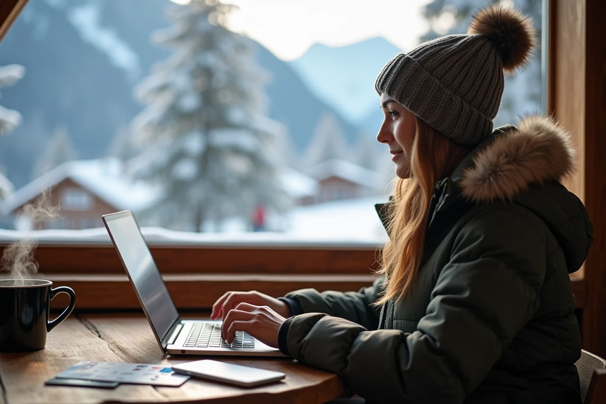 Jeune femme avec ski pass et ordinateur portable à la montagne
