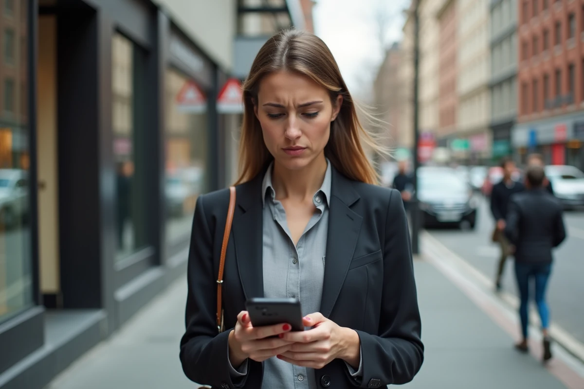 Femme d early thirties lisant avis negatif sur son smartphone en ville