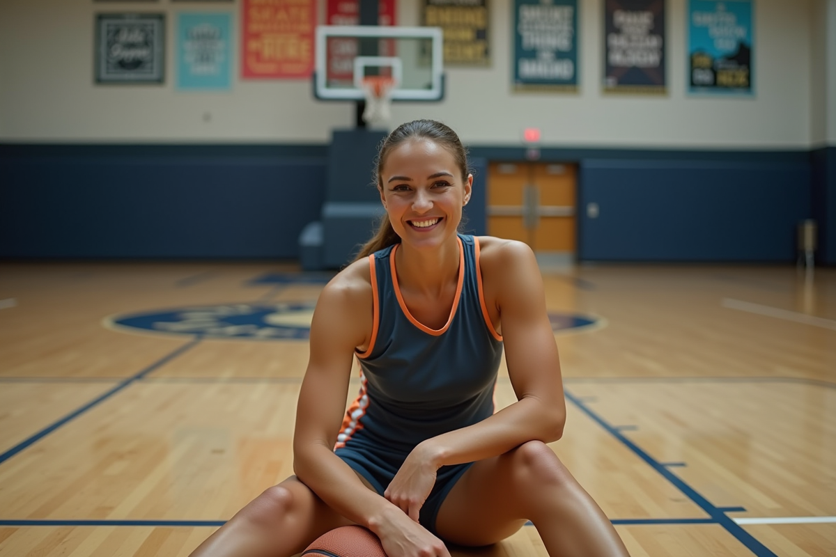 Femme souriante assise sur sol de basketball intérieur