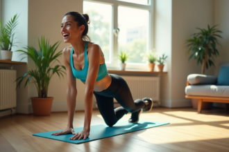 Femme en pleine burpee dans un appartement lumineux