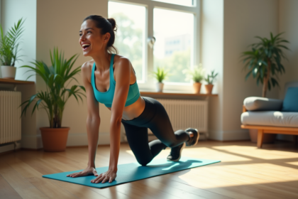 Femme en pleine burpee dans un appartement lumineux