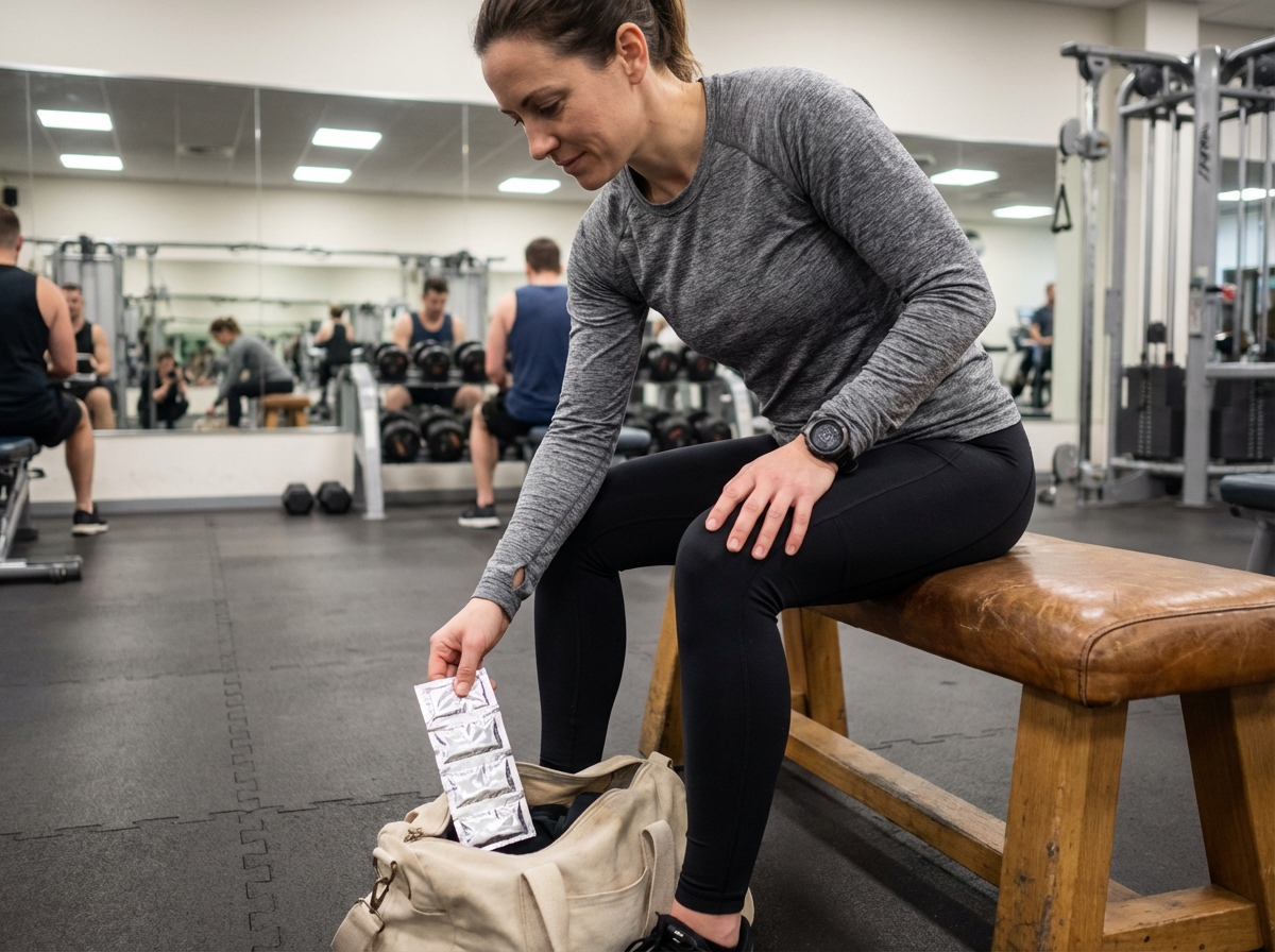 Femme coureuse cherchant des sachets de compléments