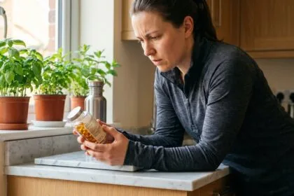 Femme sportive examinant des compléments alimentaires micronutritionnels dans une cuisine moderne et épurée