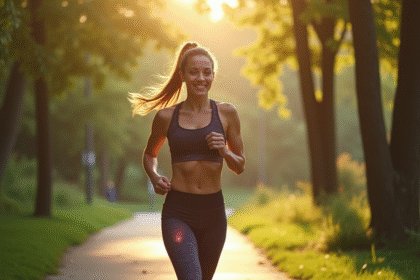 Jeune femme sportive marchant dans un parc urbain ensoleille