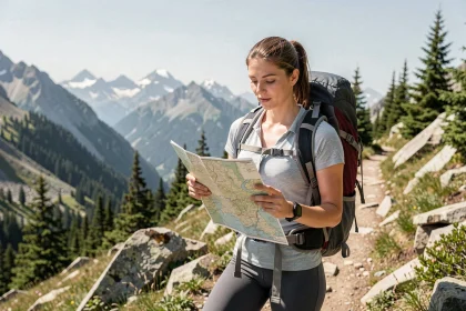 Femme sportive consultant une carte de randonnée en montagne, combinant voyage et remise en forme sur un sentier alpin