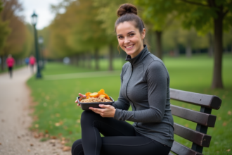 Femme sportive souriante avec repas sain en plein air