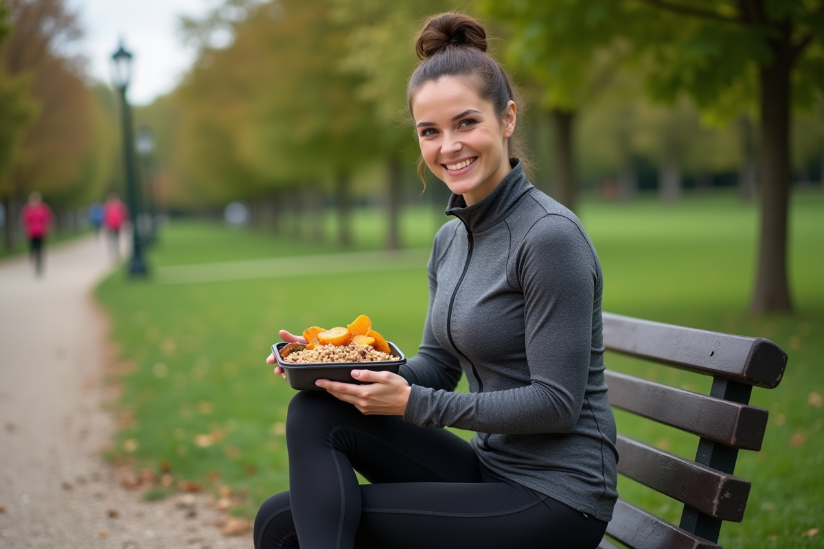 Femme sportive souriante avec repas sain en plein air