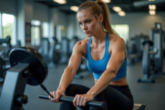 Femme sportive ajustant un rameur dans une salle de sport moderne