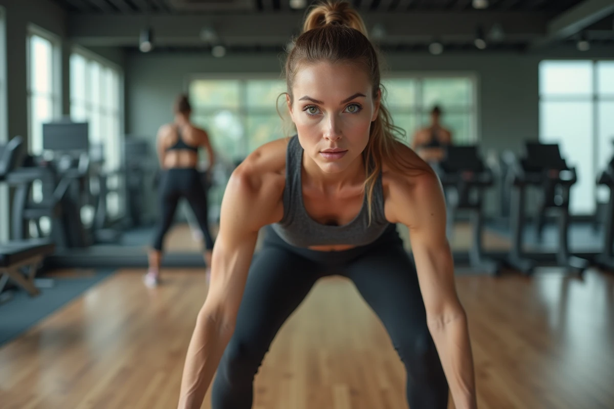 Femme en squat dynamique dans une salle de sport moderne