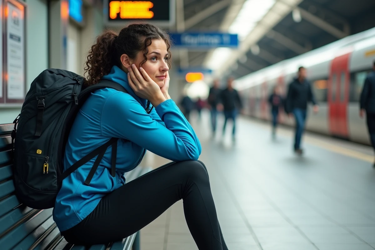 Femme assise à la gare avec sac à dos lourd