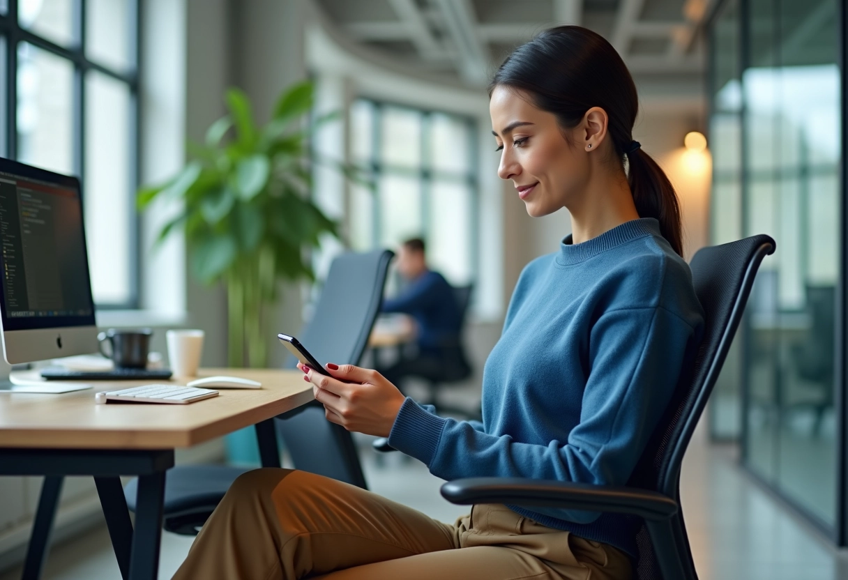 Femme utilisant un smartphone dans un bureau moderne