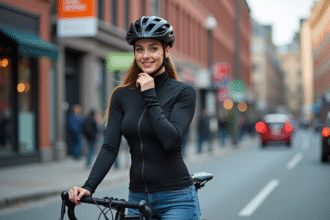 Jeune femme en vélo à Montreal avec casque et sourire