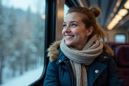 Jeune femme souriante dans un train enneige vue par la fenetre