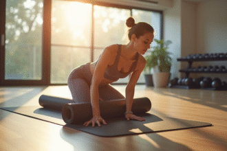 Femme finissant sa séance de yoga dans un studio lumineux