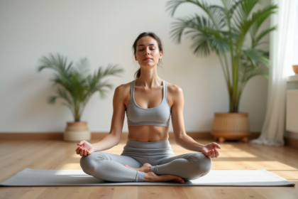 Femme en yoga dans un studio minimaliste et lumineux