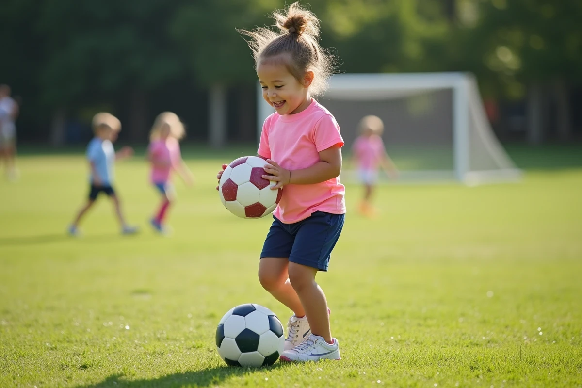 Fille de 3 ans en tenue de sport avec ballon de football dans le champ
