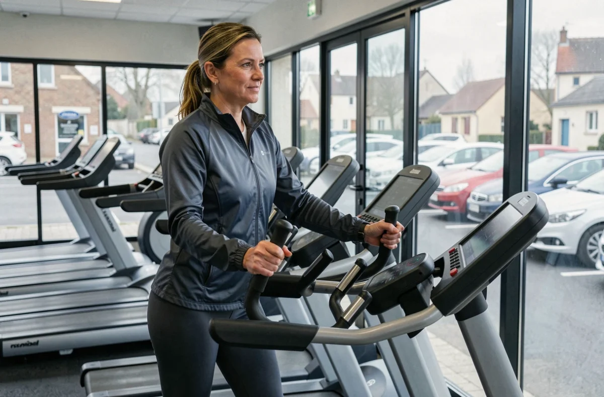 Femme d'âge moyen utilisant un vélo elliptique dans la salle Fitness Park d'Amilly dans le Loiret