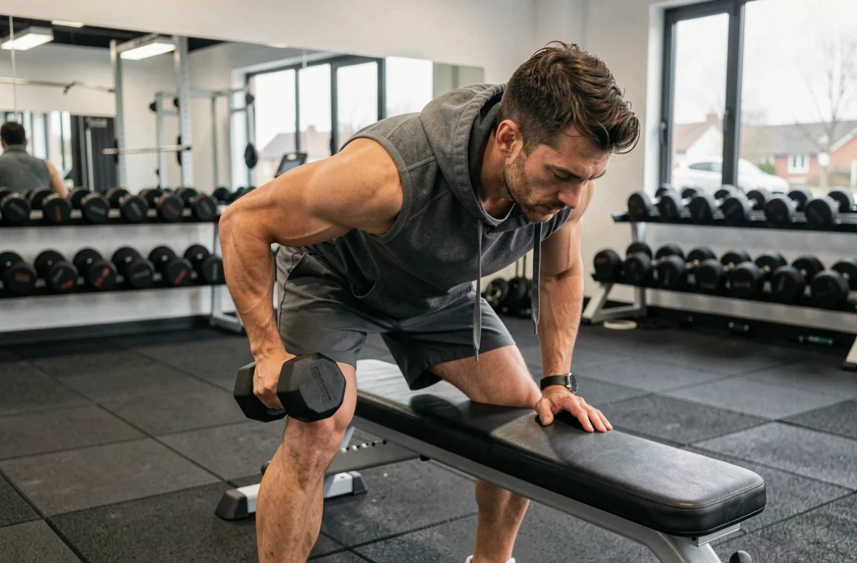 Homme réalisant un rowing unilatéral avec haltère sur banc plat dans la salle Fitness Park de Fleury-les-Aubrais