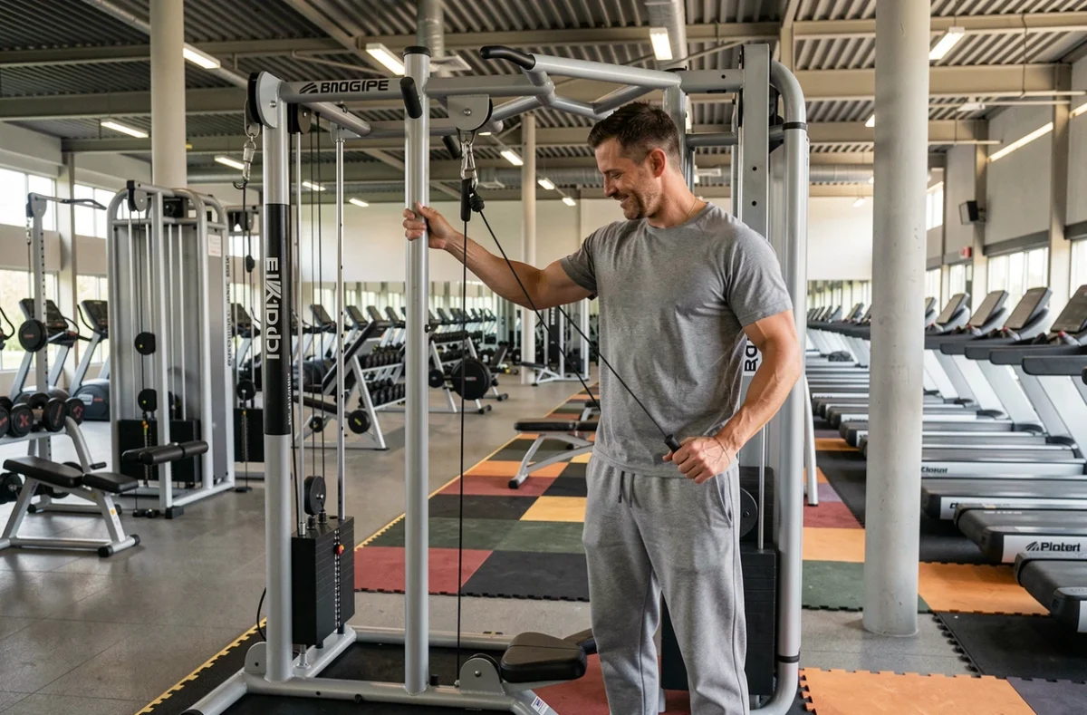Homme utilisant une machine à câbles dans la grande salle Fitness Park d'Orléans avec équipements professionnels visibles en arrière-plan