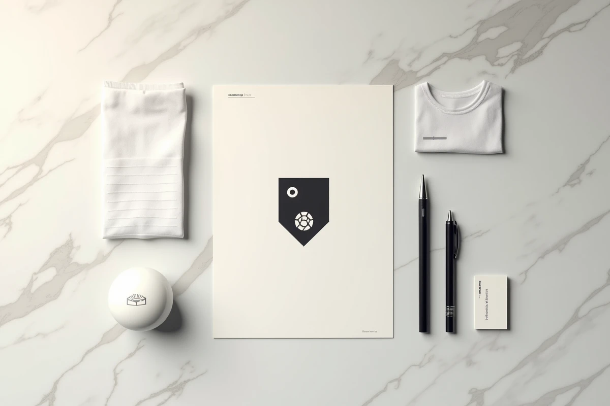 Présentation branding flat lay d'un logo FC football minimaliste sur carton mat avec maquettes de maillot et cartes de visite sur marbre blanc