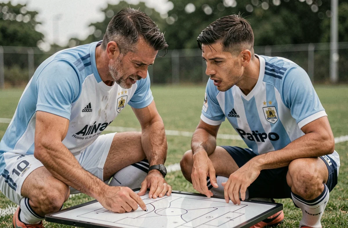 Joueur argentin numéro 10 et entraîneur analysant une tactique de jeu sur un tableau lors d'un entraînement de football