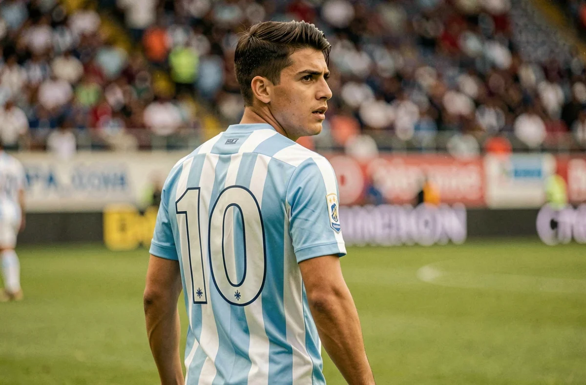 Footballeur argentin portant le maillot numéro 10 aux couleurs bleu et blanc de l'Argentine sur un terrain de football professionnel