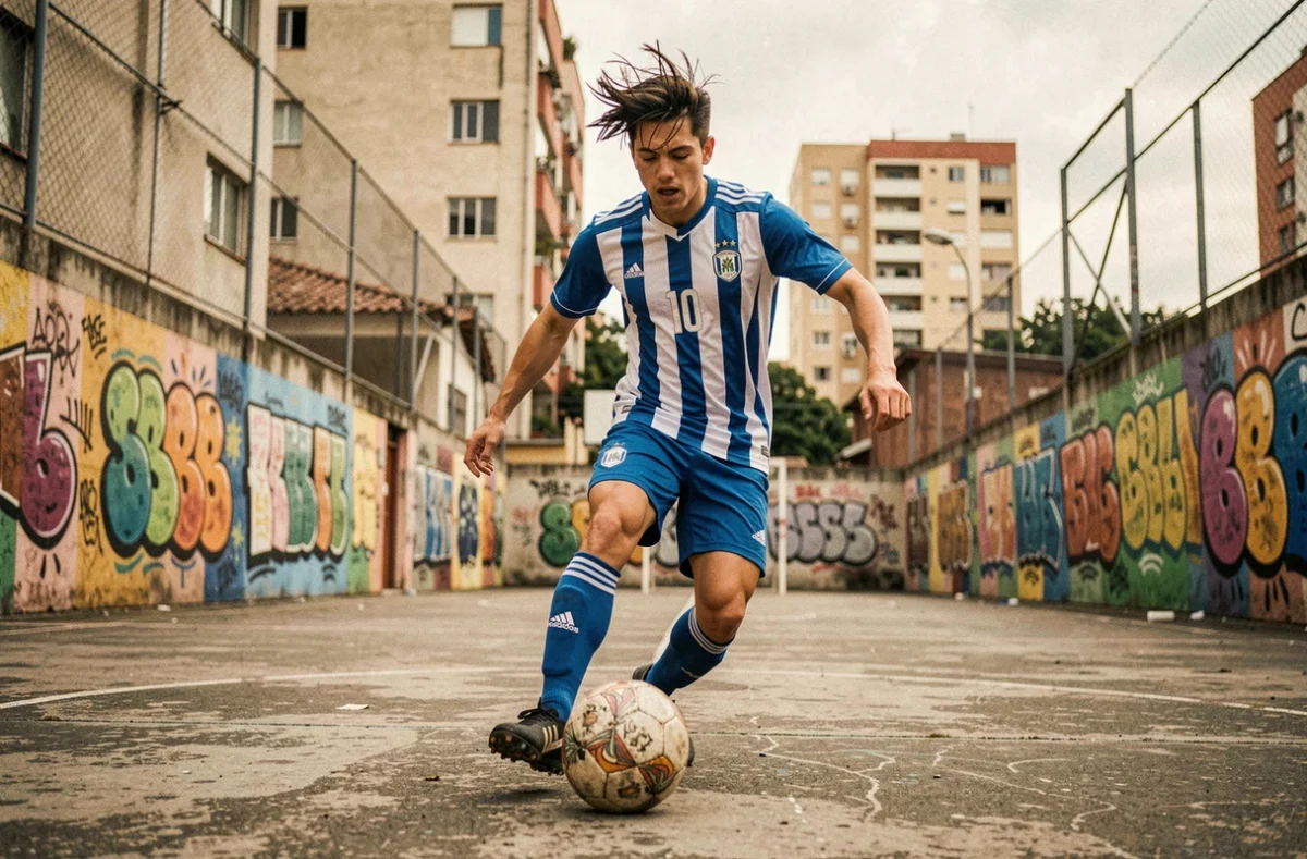 Jeune footballeur argentin numéro 10 dribblant un ballon sur un terrain urbain en béton dans un quartier de Buenos Aires