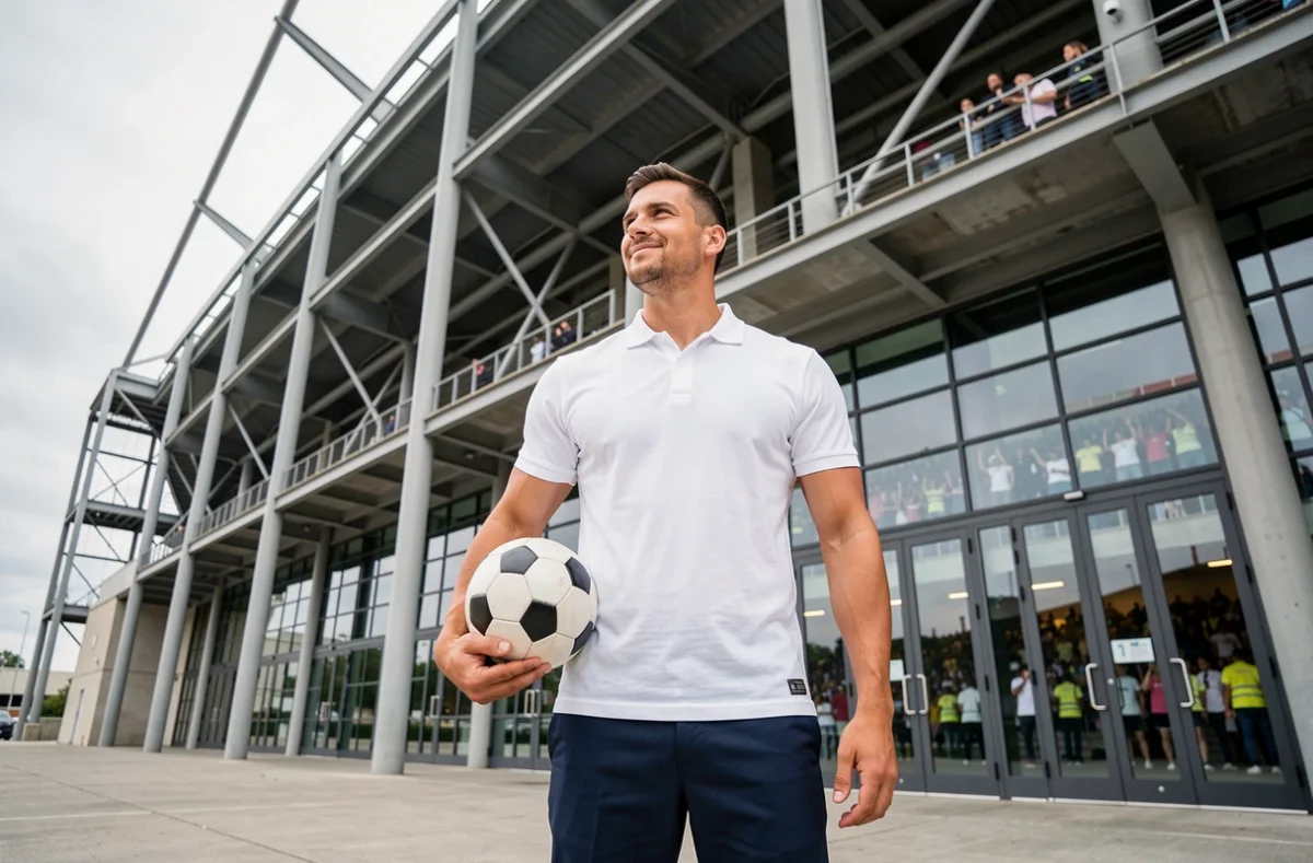 Footballeur professionnel devant la façade d'un grand stade moderne, tenant un ballon sous le bras, illustrant l'ambition d'un retour dans l'élite du football européen
