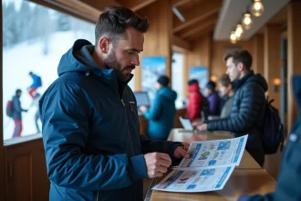 Skieur adulte consultant un forfait saison au guichet de La Plagne dans un chalet alpin