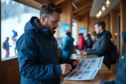 Skieur adulte consultant un forfait saison au guichet de La Plagne dans un chalet alpin