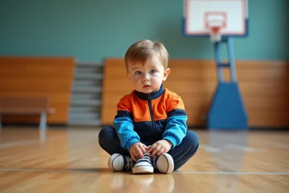 Garçon de 3 ans en tenue de sport colorée s'attache ses lacets
