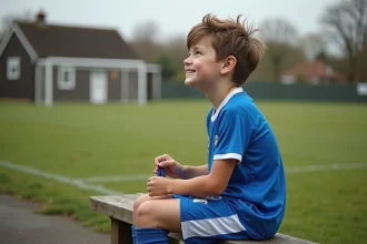Jeune garçon de 10 ans en tenue de football en train de lacer ses chaussures sur un banc